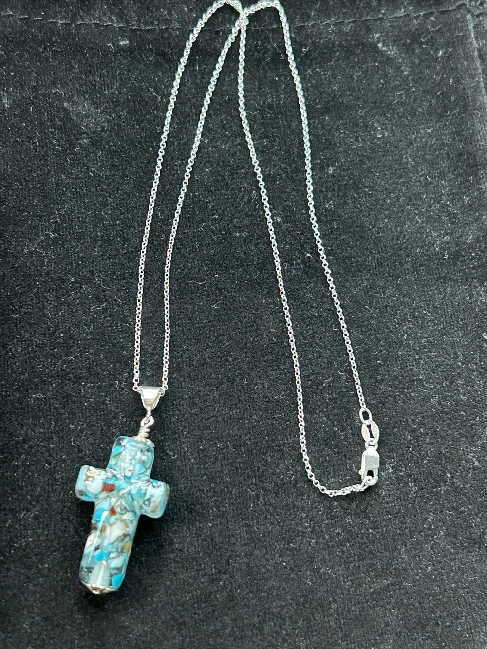 Made in Mexico!Turquoise Cross Pendant Necklace Blue Stone Cross on Silver Chain